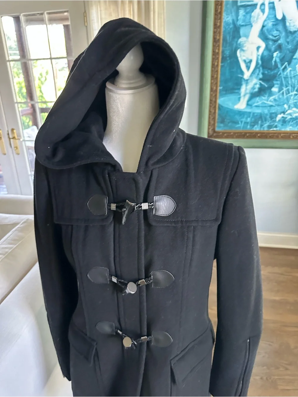 BCBGMaxAzria Black Hooded Toggle Pea Coat